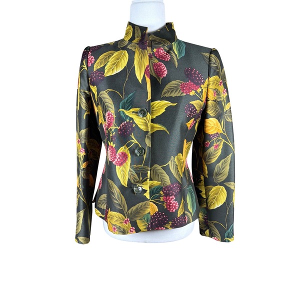 Linda Allard Ellen Tracy Blackberry Botanical Print Blazer Mandarin Collar Pet 4